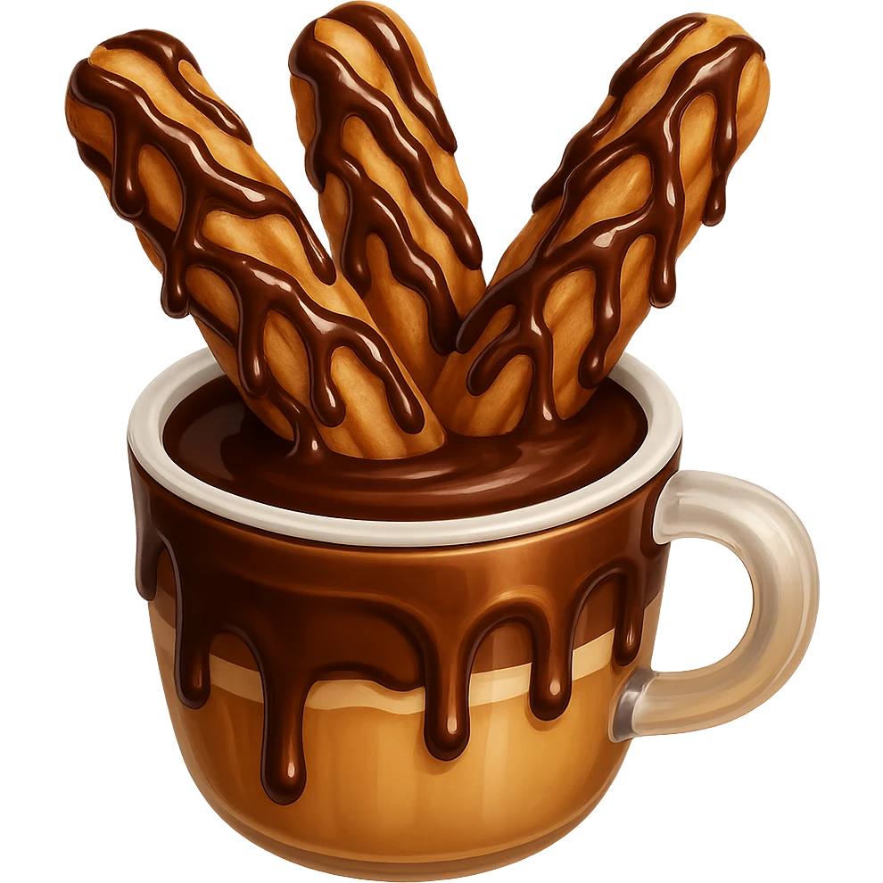 Add extra chocolate drizzle to the churros with chocolate dipping sauce. Keep the background transparent. Maintain the original style and look of the churros and sauce. emoji