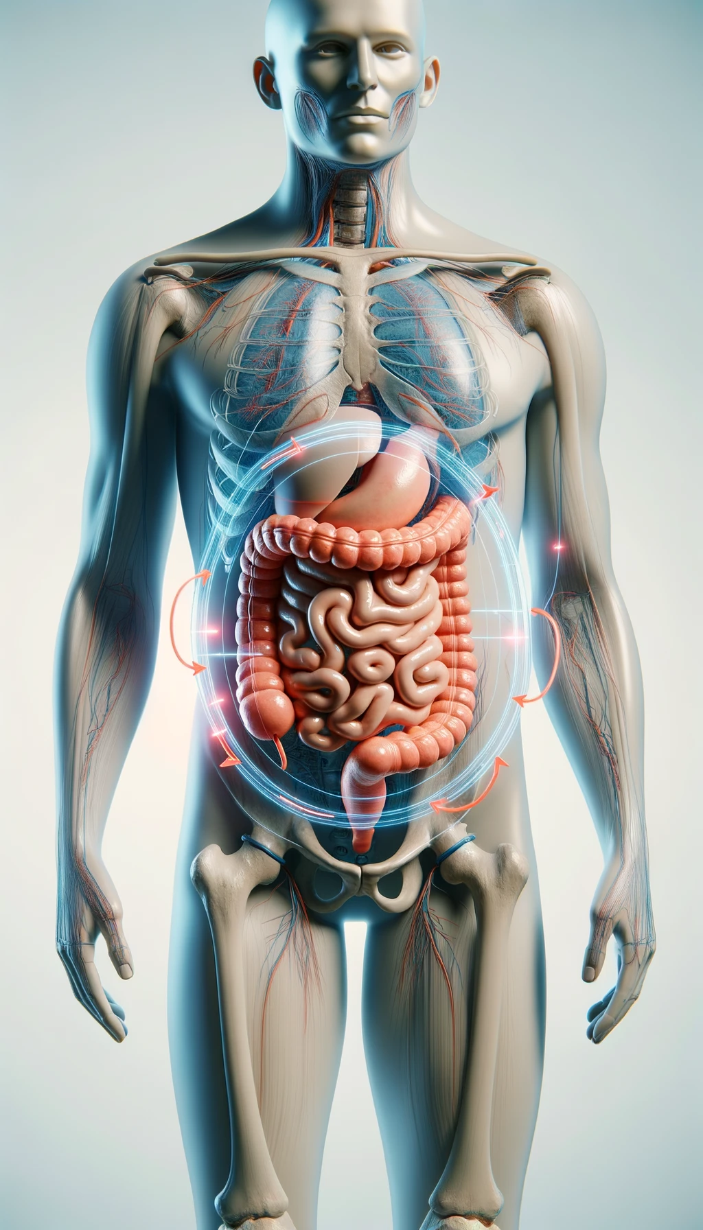 corpo umano anatomico con intestino umano anatomico con frecce 3d che gli girano intorno, sfondo chiaro, iperrealistico 4k emoji