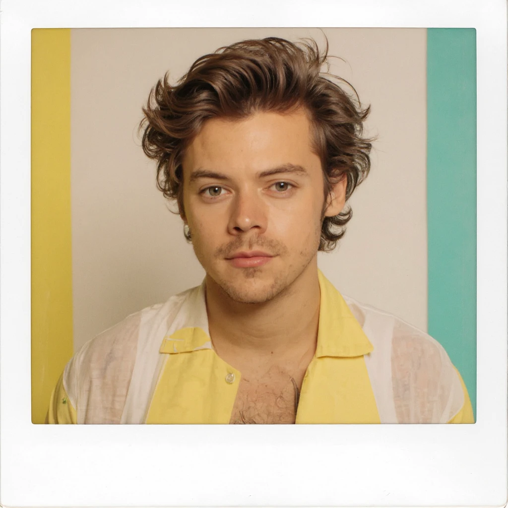Polaroid style portrait illustration of Harry Styles with tousled hair, a relaxed and stylish vibe, warm tones, classic instant photo border, based on the reference photo. emoji