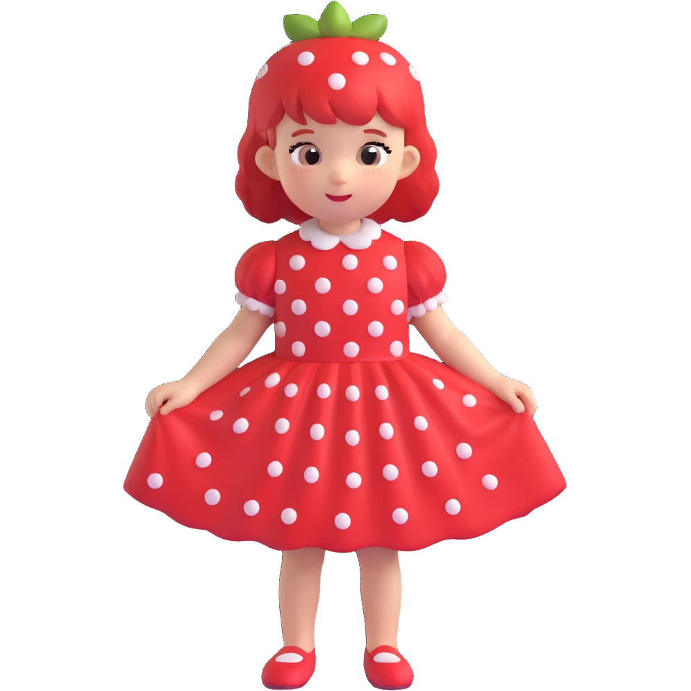 Little girl in red dress with white polka dots and strawberry on the right side of her head emoji