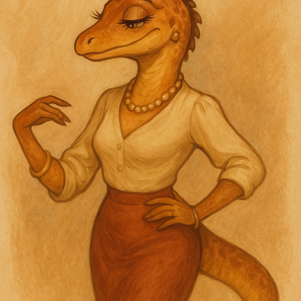 anthropomorphic lizard lady, mature and alluring, wearing a blouse and skirt, graceful posture, long lashes, tasteful accessories, warm color palette emoji
