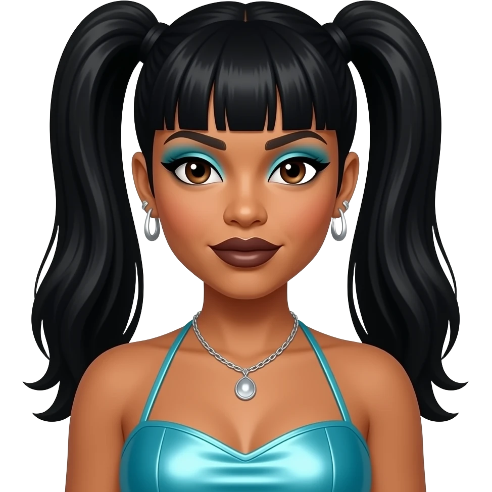 Lisa Left Eye Lopes of TLC with dark brown eyes, black two high ponytail hair with bang, cyan eyeshadow, dark brown lipstick, cyan metallic halter dress, silver necklace and earrings emoji