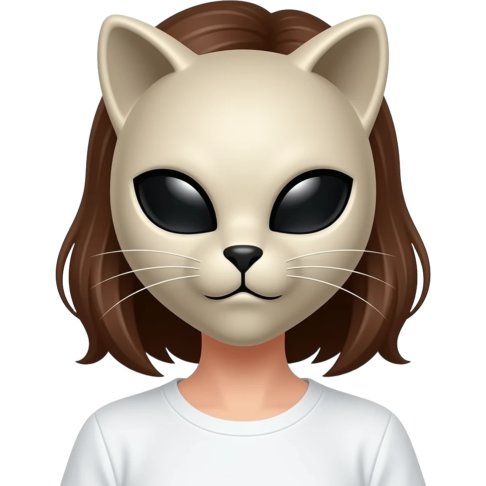 A girl wearing a alien cat therian cat mask on her face with brown hair and brown eyes with a blank white shirt emoji