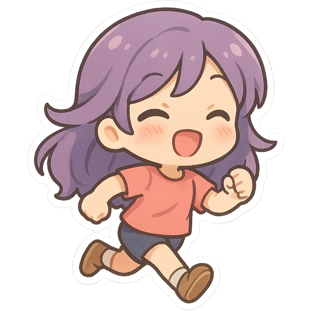 chibi girl with purple hair, running, cute chibi stickers illustration style emoji