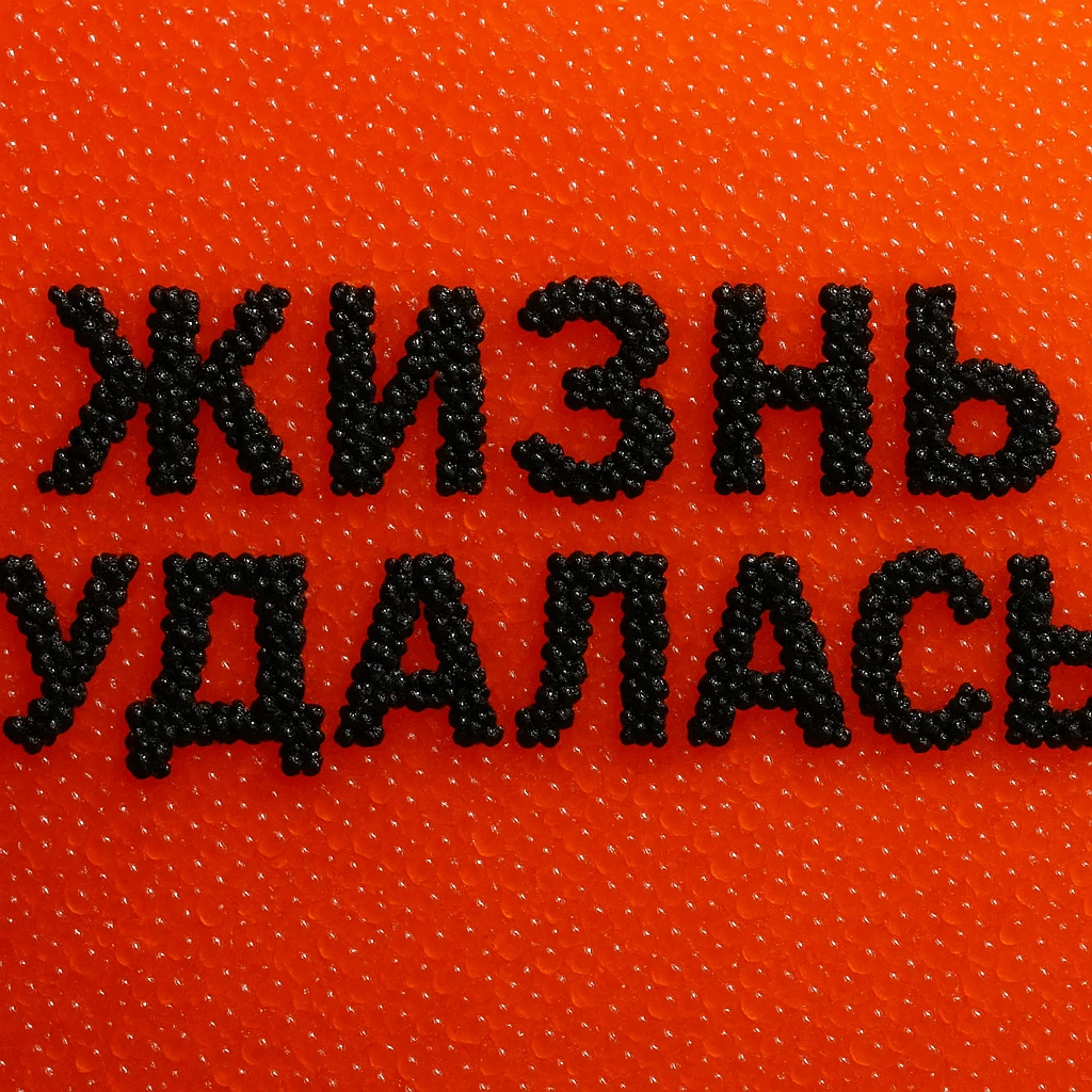 Надпись Жизнь удалась сделанная чёрной икрой на фоне красной икры, надпись должна быть сделана в одну строку, а не в две emoji