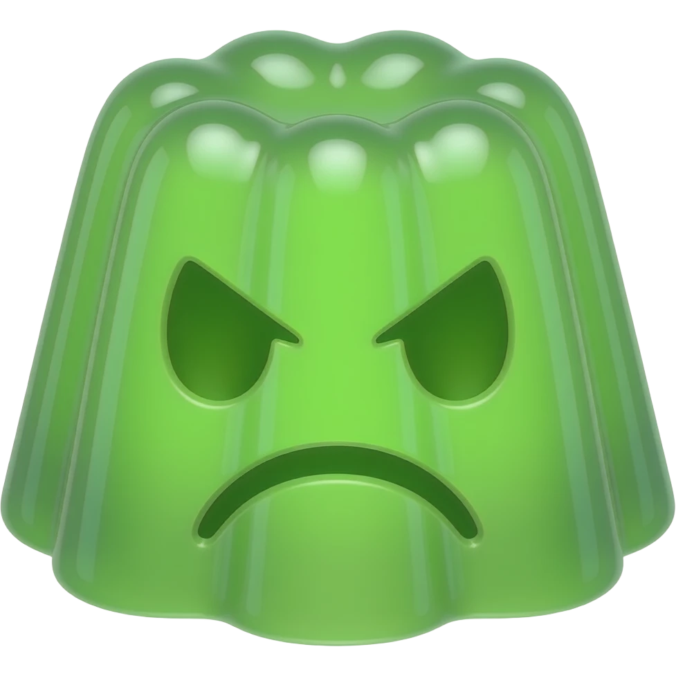 Green with envy wobbly molded jello with face of jealousy emoji