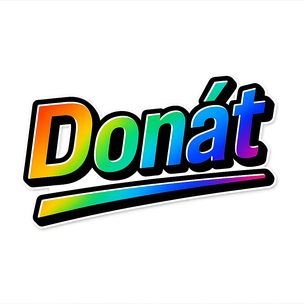 Donát name in masculine, modern gradient font with precise Hungarian characters, dark outline, extra thick, prominent white letter border, dynamic slanted underline, rainbow gradient colors, 1000x1000 px, PNG, transparent background emoji