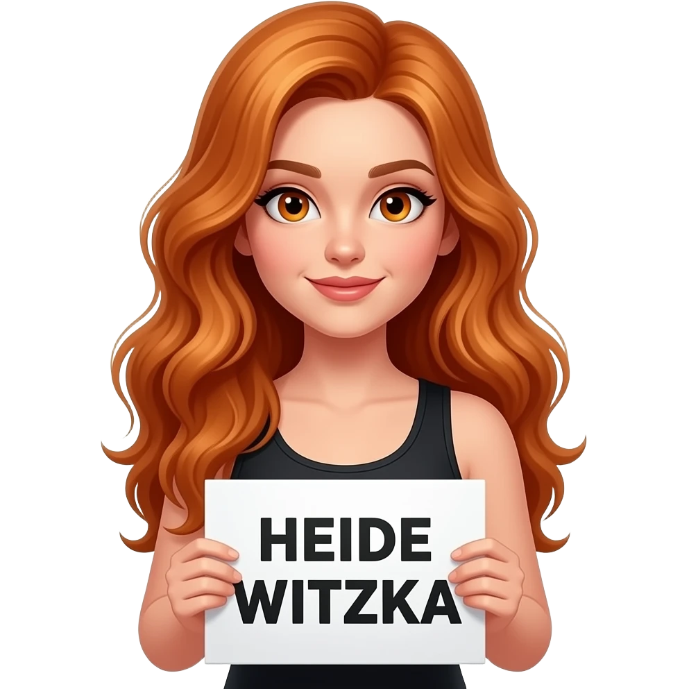 sexy girl with long wavy ginger hair and ginger eyes wearing a black tanktop is holding a white sign with HEIDE WITZKA written on it emoji