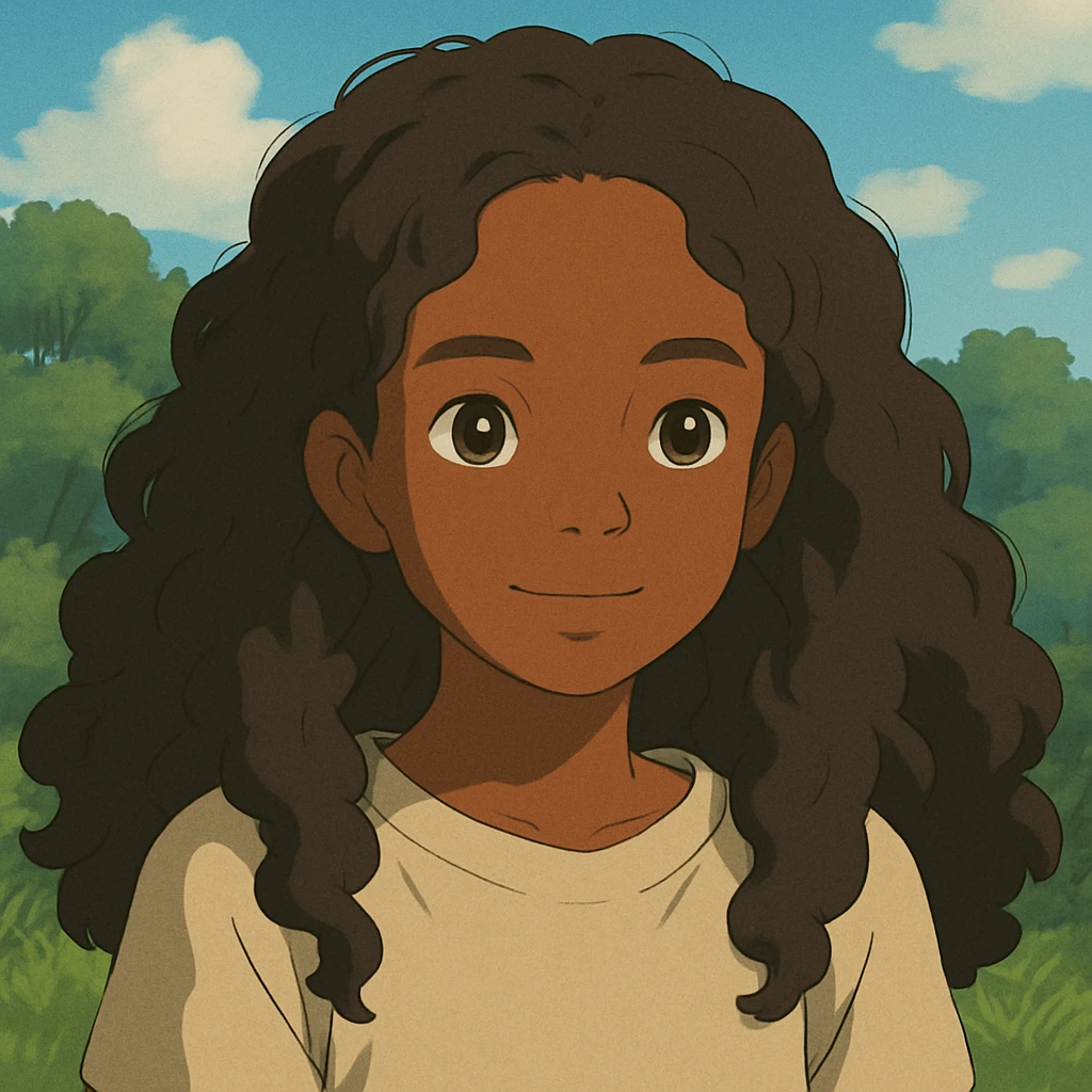 portrait of a dark-skinned girl with long curly hair, ghibli style emoji