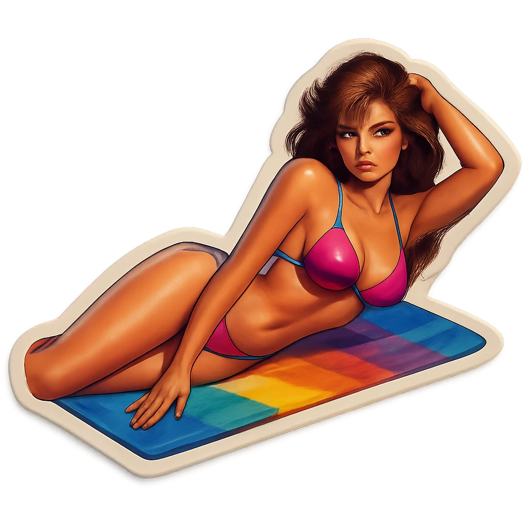 A woman in a bikini, lying on a beach towel, sunbathing with a seductive pose, stylized sticker emoji