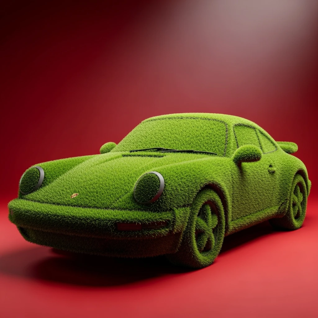 Medium shot of a porsche 911 made of green grass, red solid studio background, low keu light, top soft light, dutch angle,  captured by arri alexa emoji