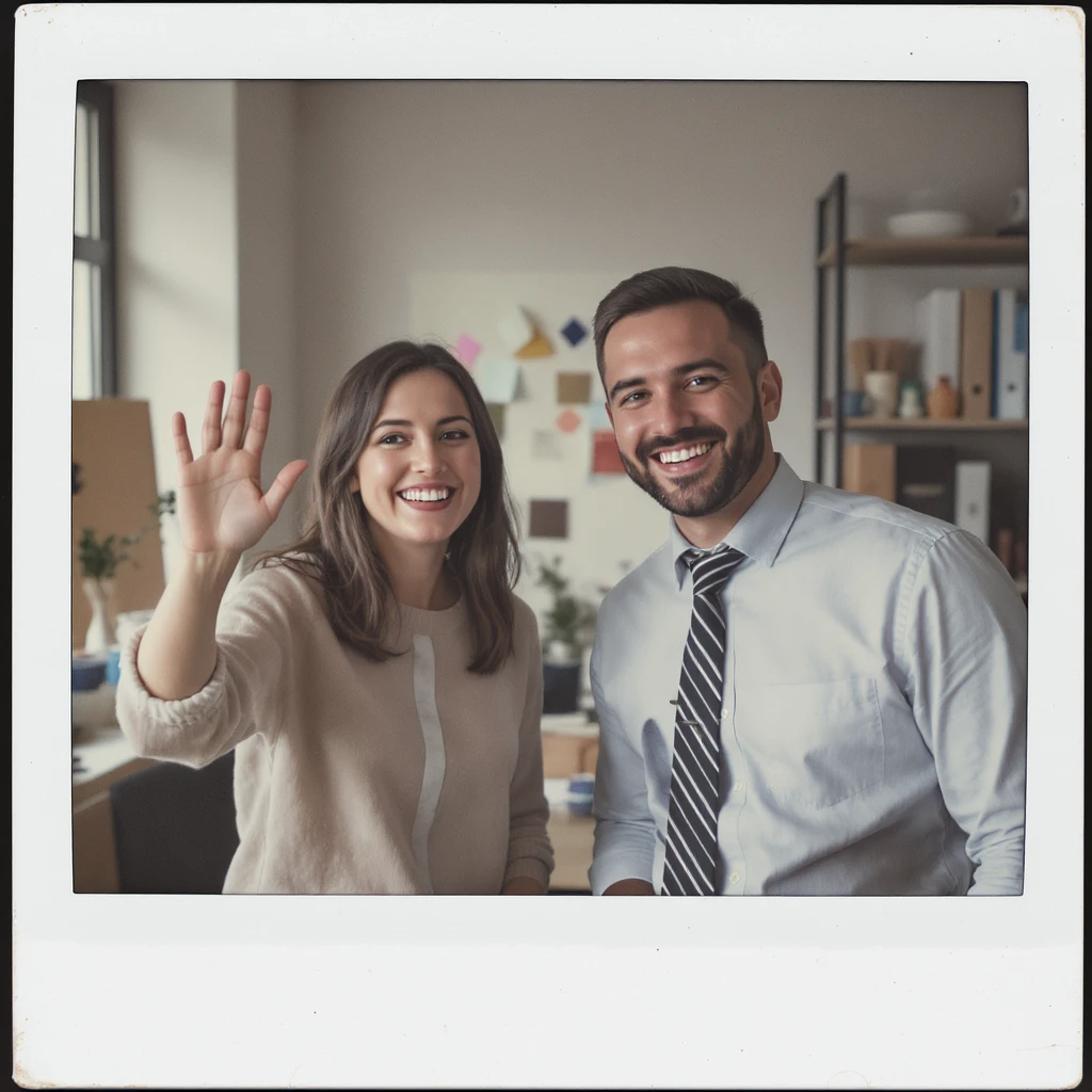 A cheerful designer and manager high-fiving, both smiling brightly, with a mix of creative and organized elements in the background. emoji