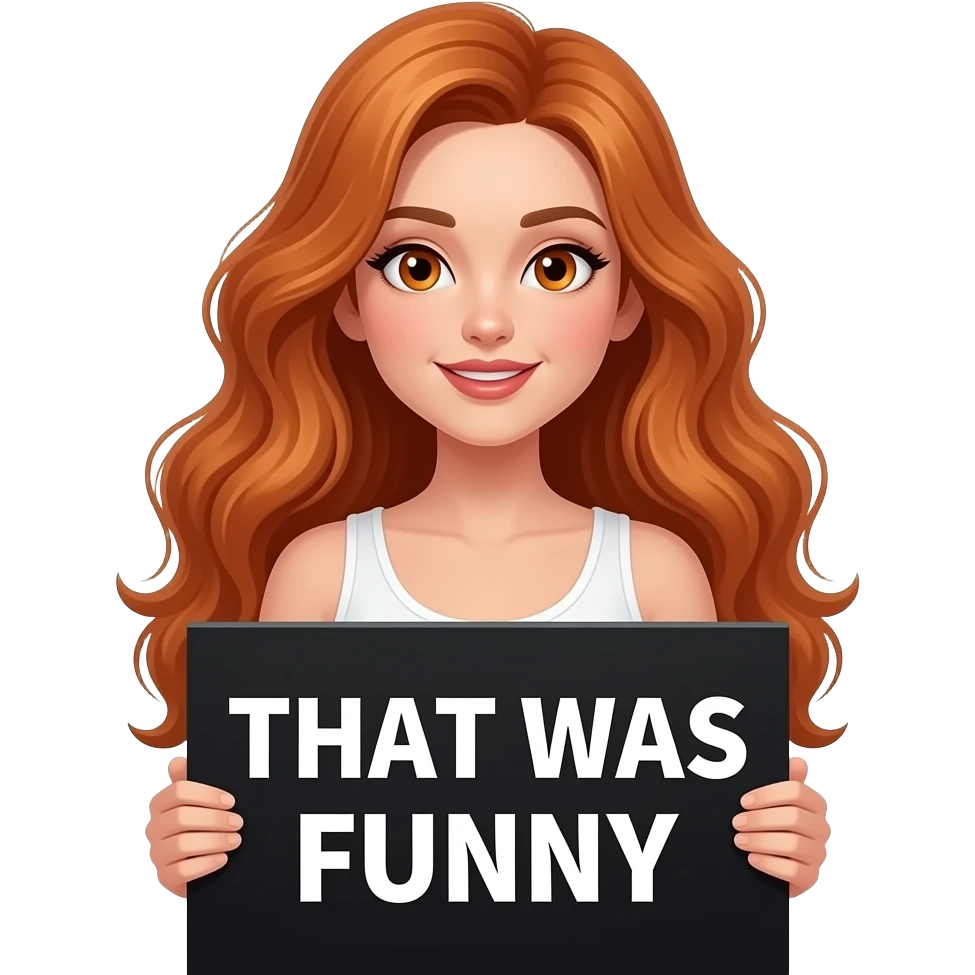 sexy girl with long wavy ginger hair and ginger eyes wearing a white tanktop is holding a black colored sign with That was FUNNY written on it emoji
