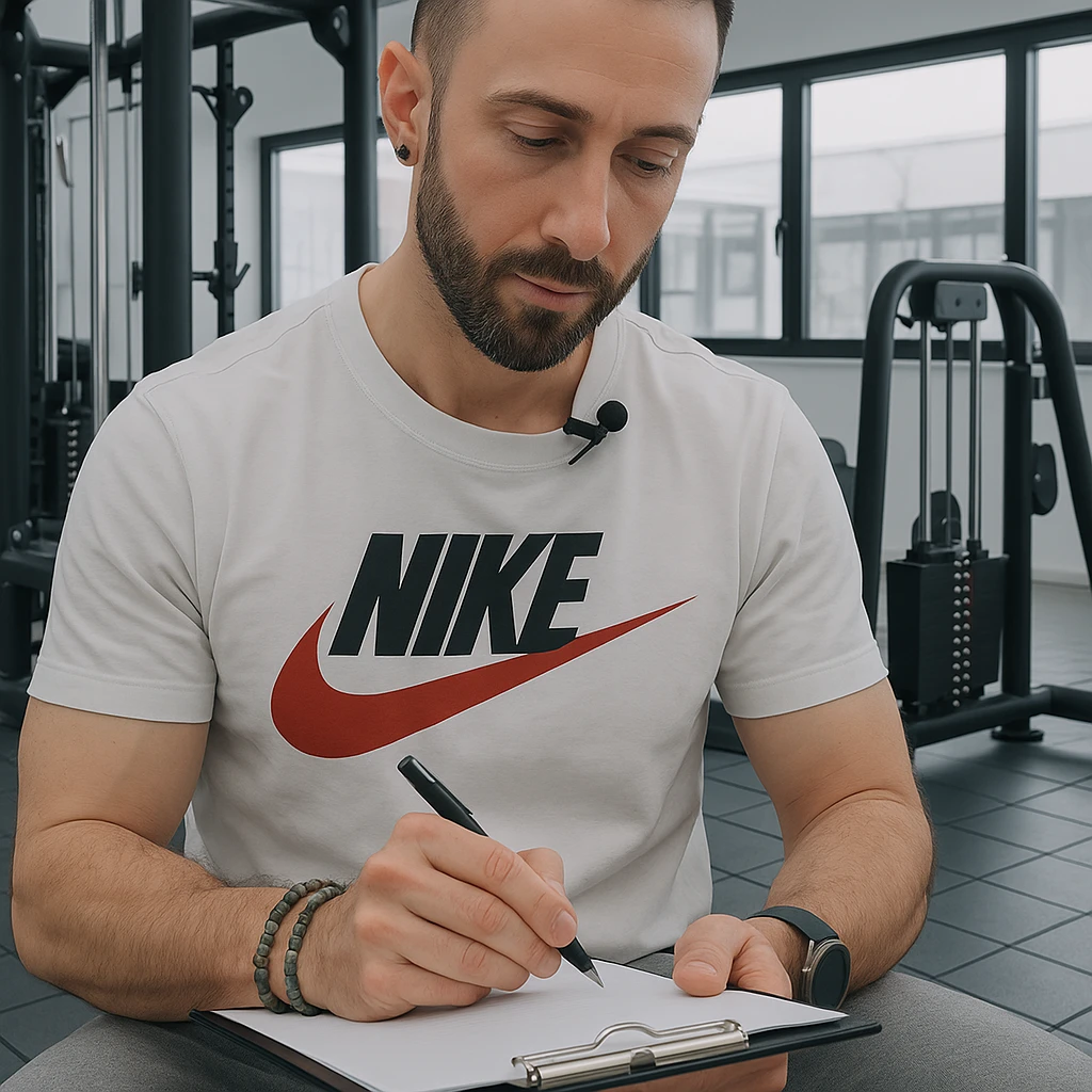 Personal trainer in a gym, inspired by the person in the reference photo, preparing a personalized workout plan for a client, in a professional and motivating environment. emoji