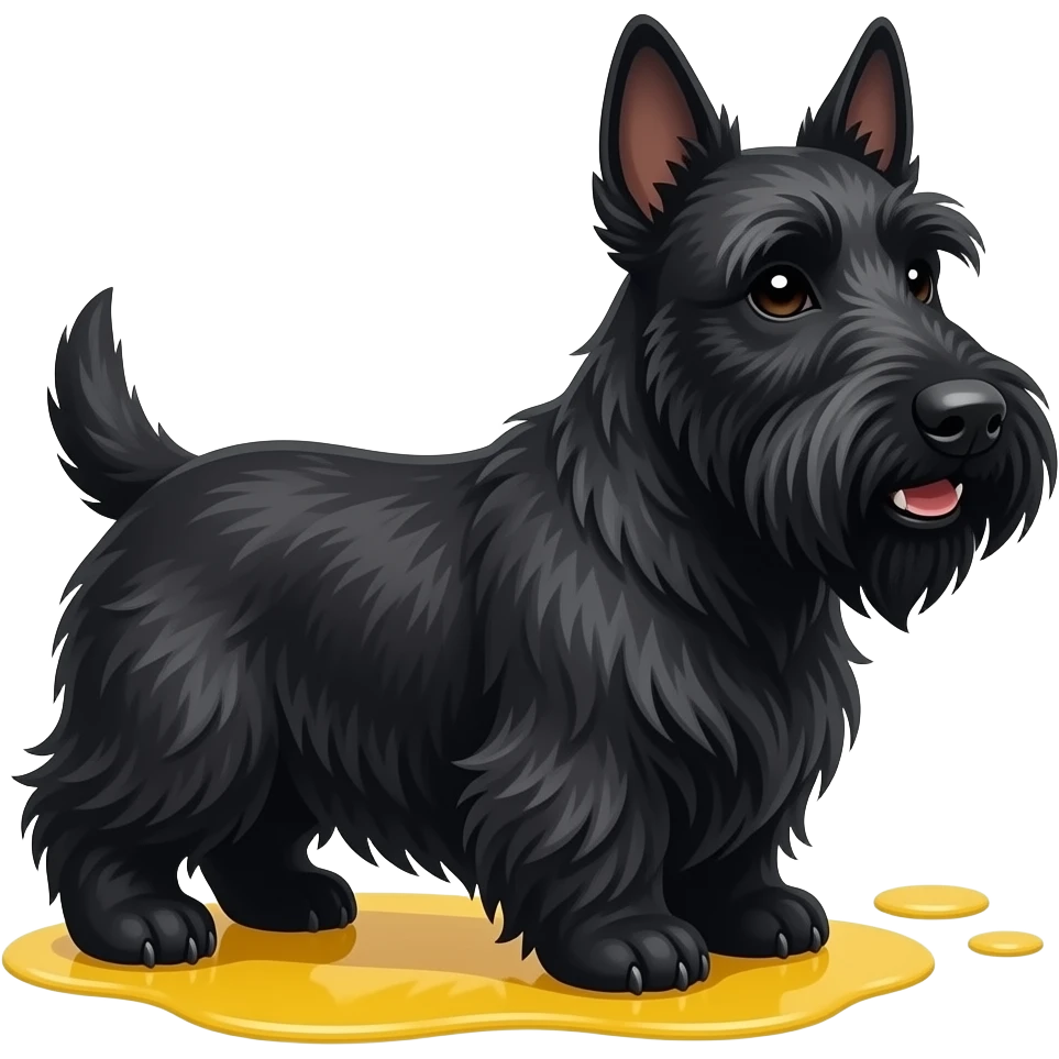 Extra fluffy Black Scottie dog smiling in profile full body. Very small yellow puddle beneath both rear paws only emoji