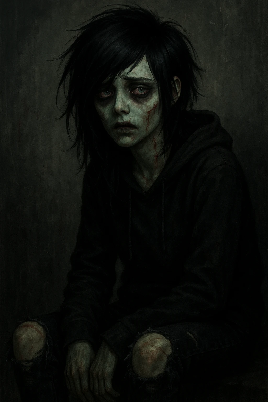 girl zombie with black hair, emo style, expressive face, dark clothing, pale skin, subtle scars emoji