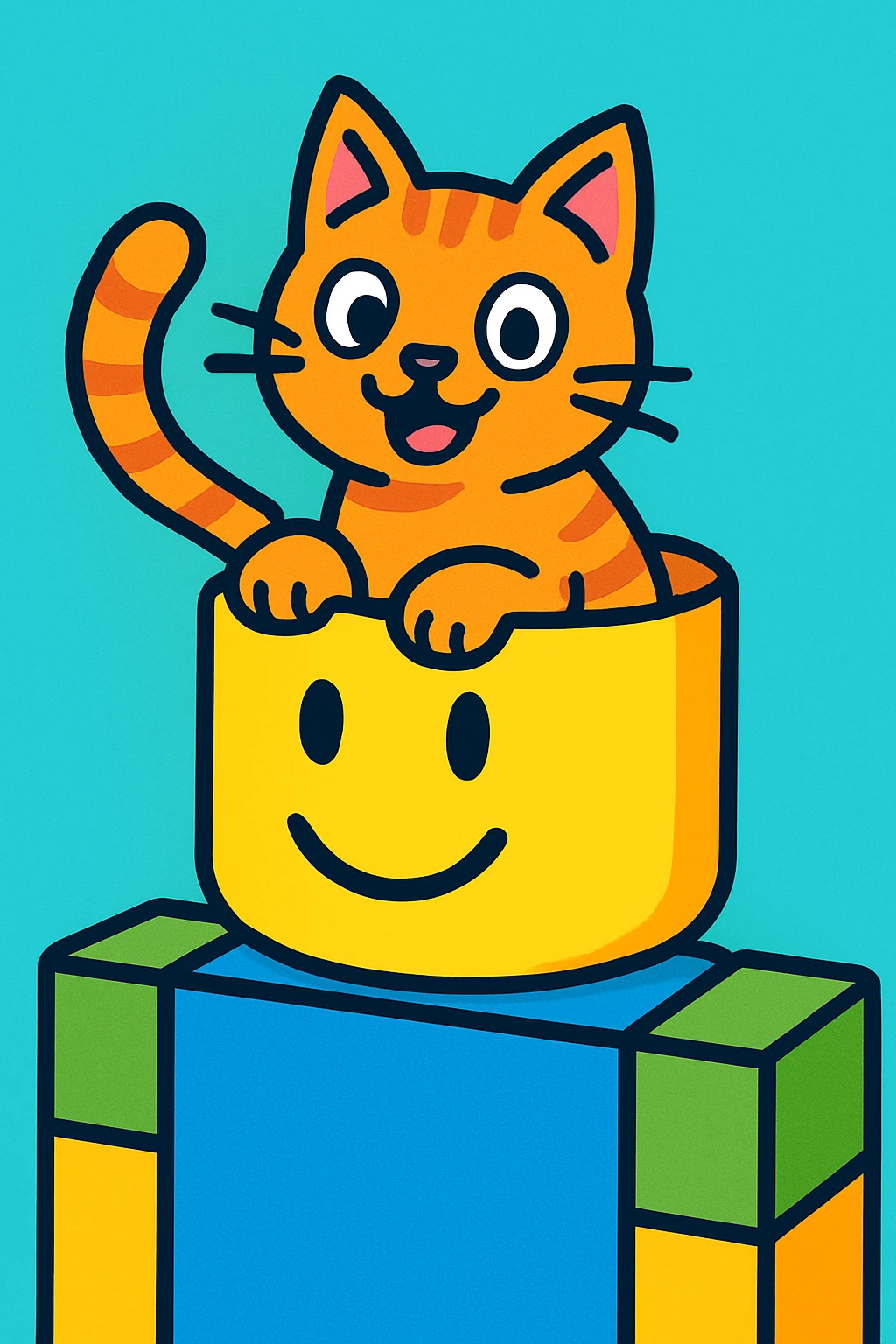 a playful and cartoonish illustration of a cat inside the head of a Roblox noob character emoji