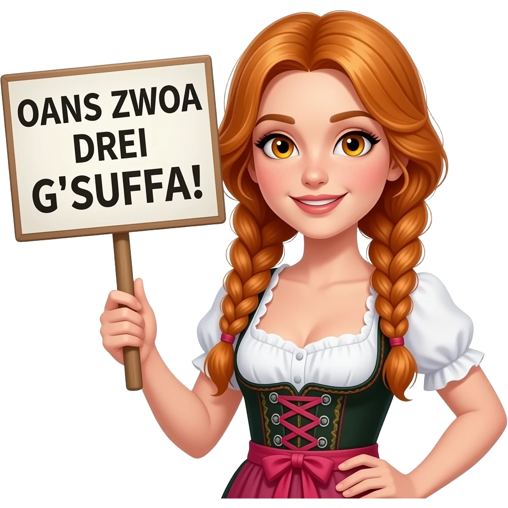 sexy girl with long wavy ginger braids and ginger eyes wearing a dirndl is holding a sign with OANS ZWOA DREI G'SUFFA! written on it emoji