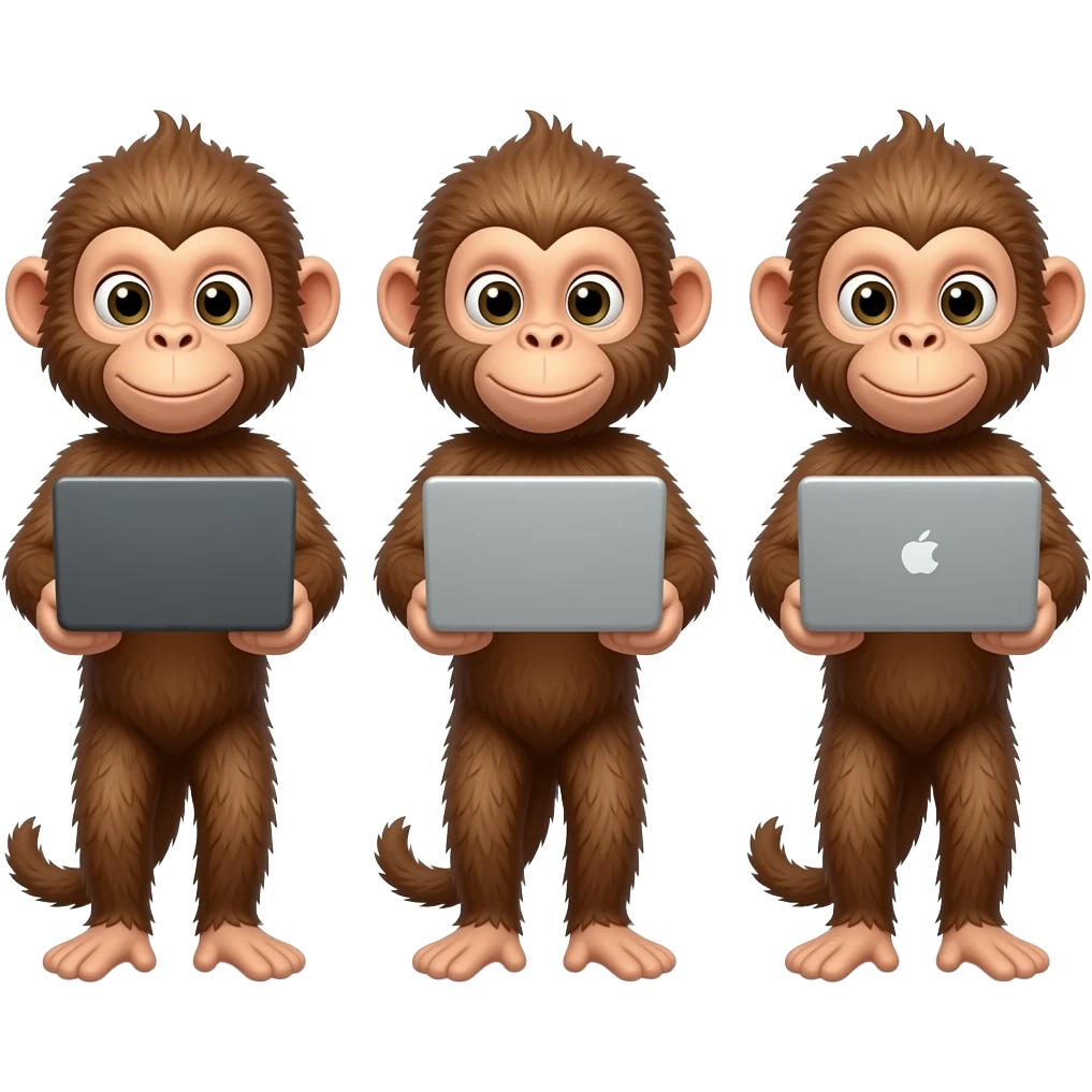 3 petits singes assis cote a cote qui tapent sur des ordinateurs portables emoji