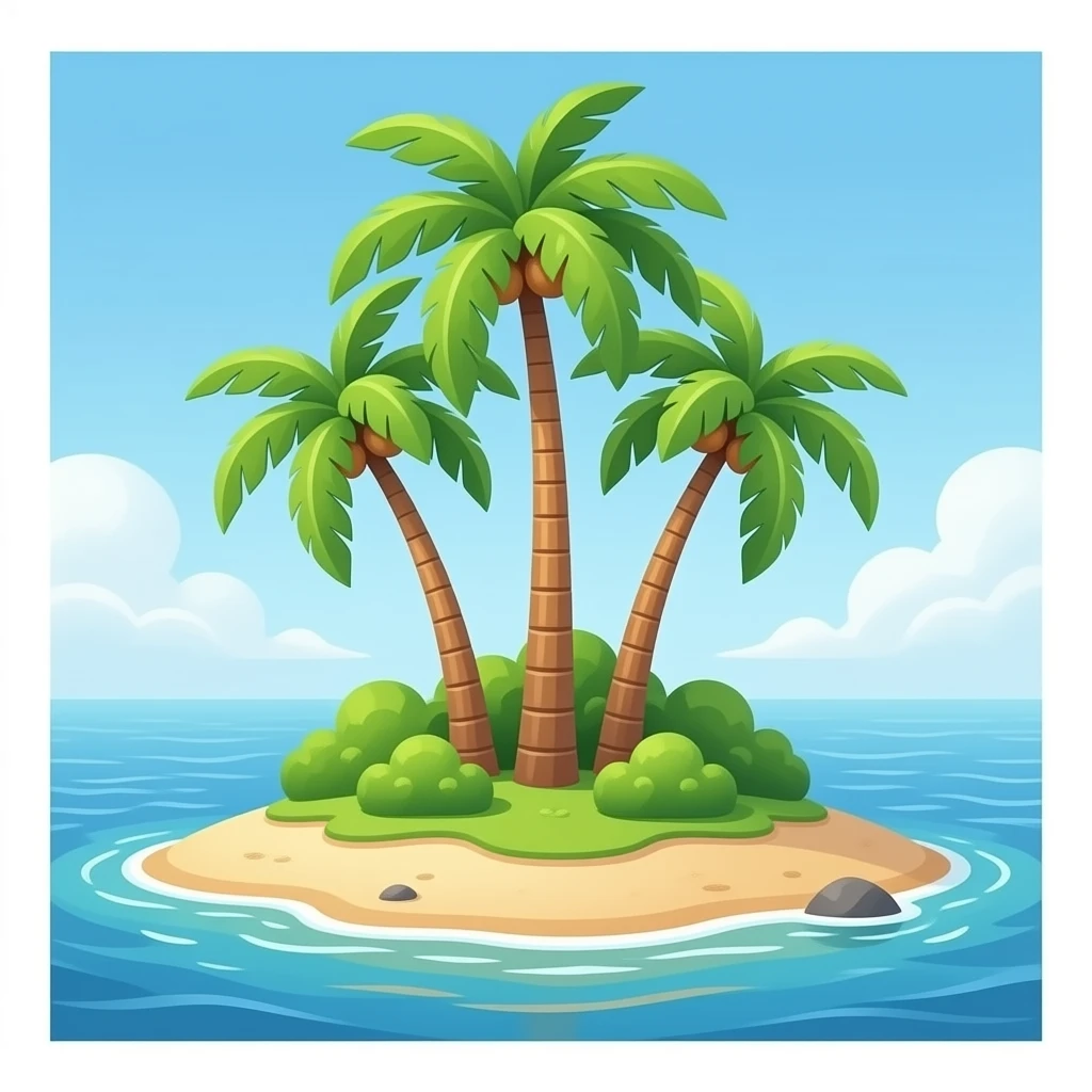 Island, sand island base, with green bushes on top, and three palm trees in the middle of the oceanIsland, sand island base, with green bushes on top, and three palm trees in the middle of the ocean emoji