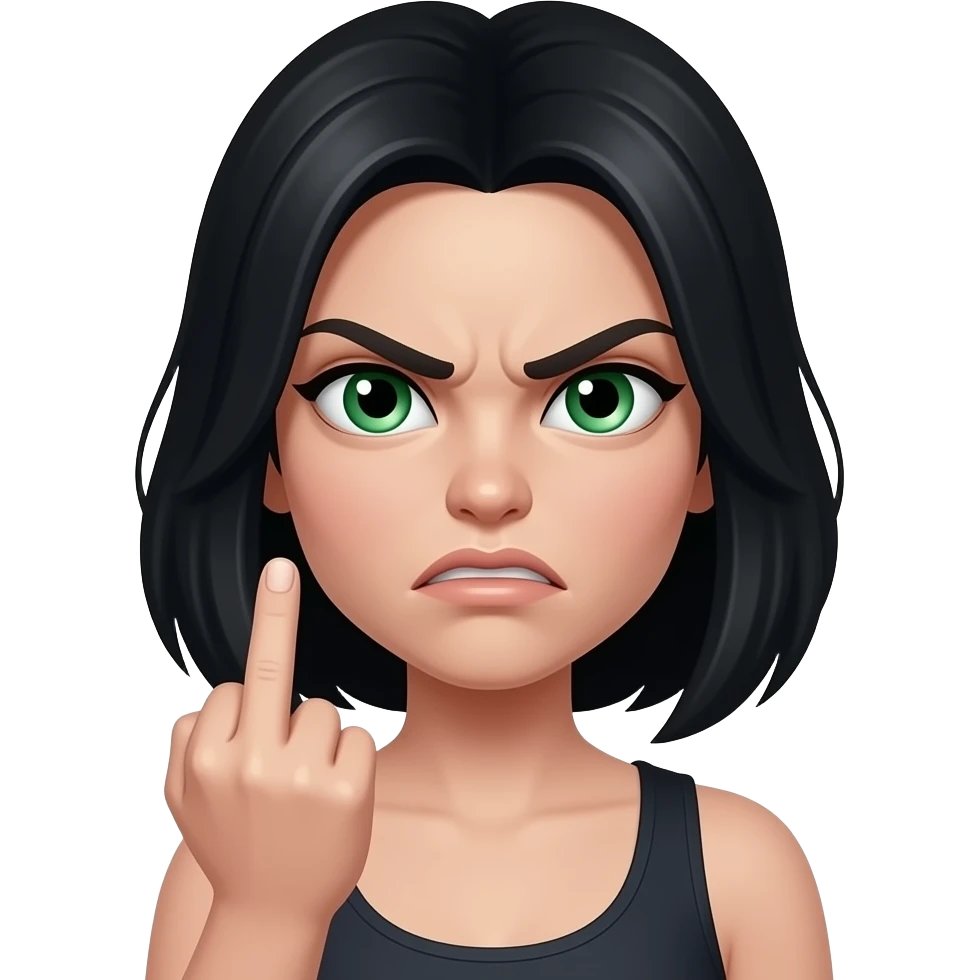 Angry Pale Woman with black hair and green eyes giving the finger emoji