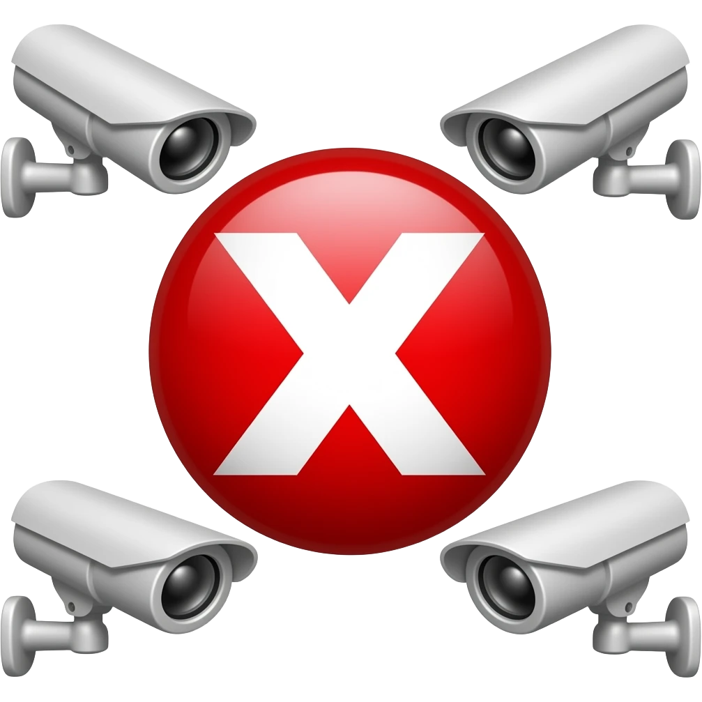 Red filled circle with white X, CCTV on end points of X emoji
