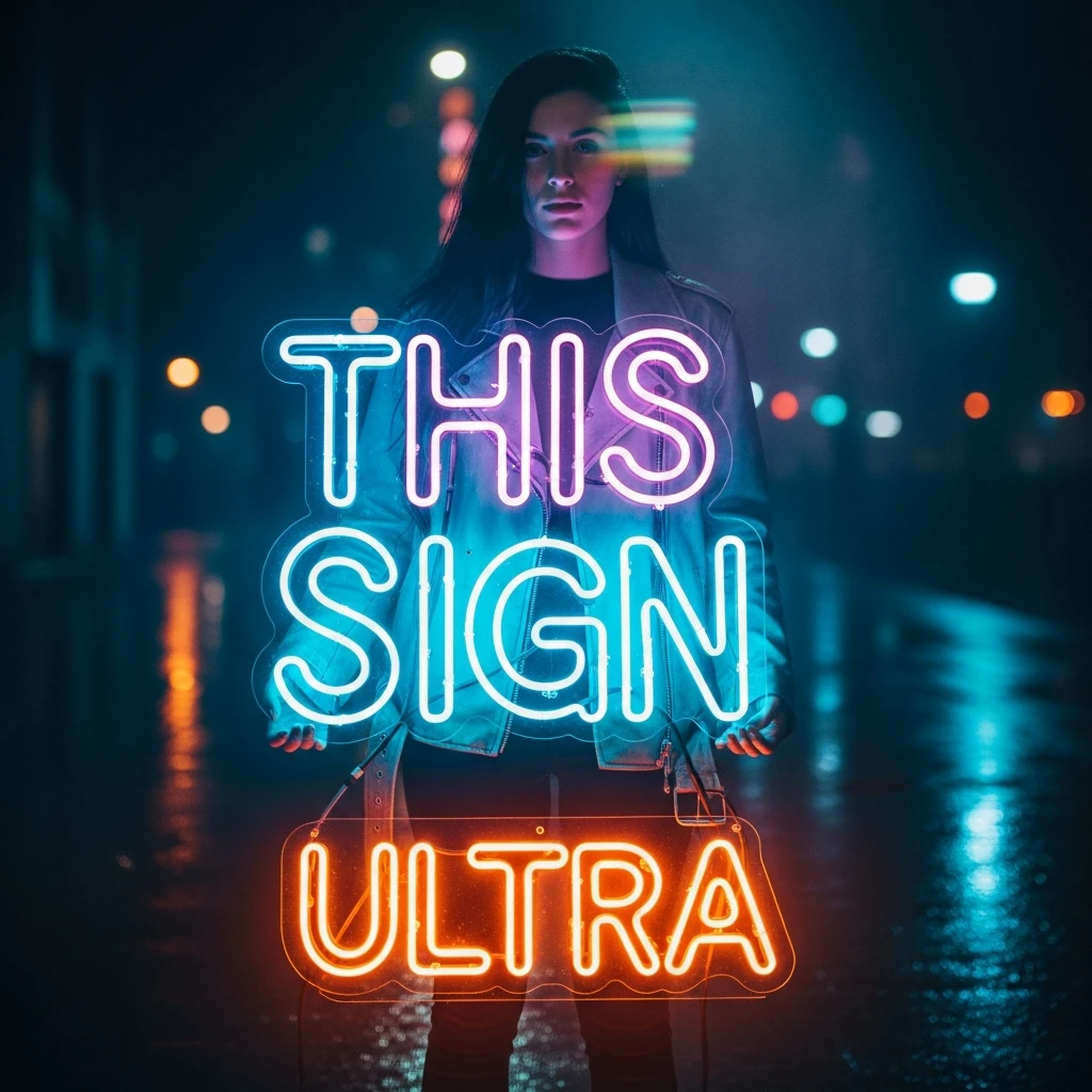 make a girl holding this sign, but sign in made of neon, also add ultra below the sign emoji