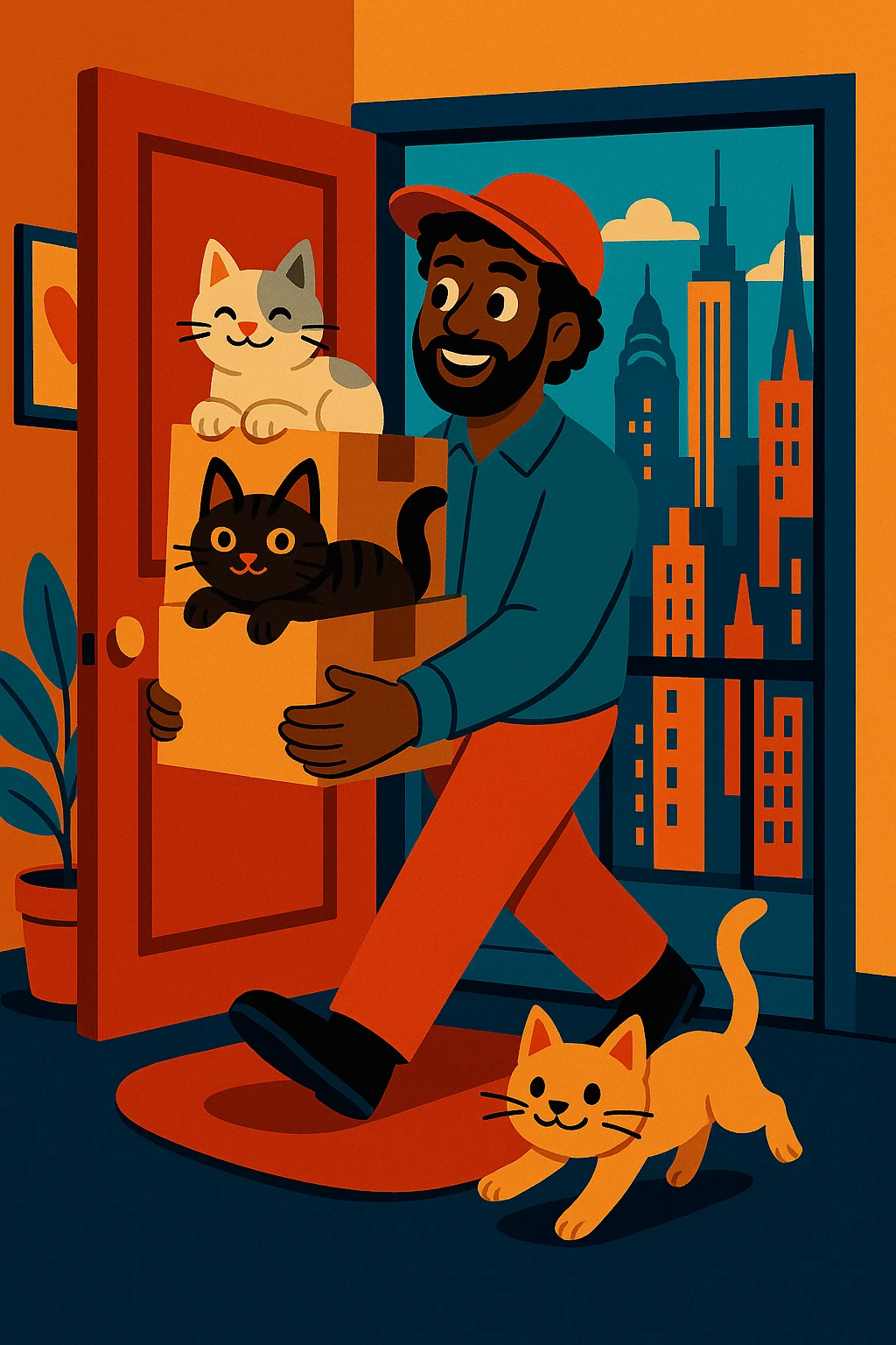 Edit the image to have one cat white and gray, the other cat dark brown and black. The man should have medium length curly hair and be wearing a cap. Keep the NYC apartment moving scene and overall style consistent. emoji