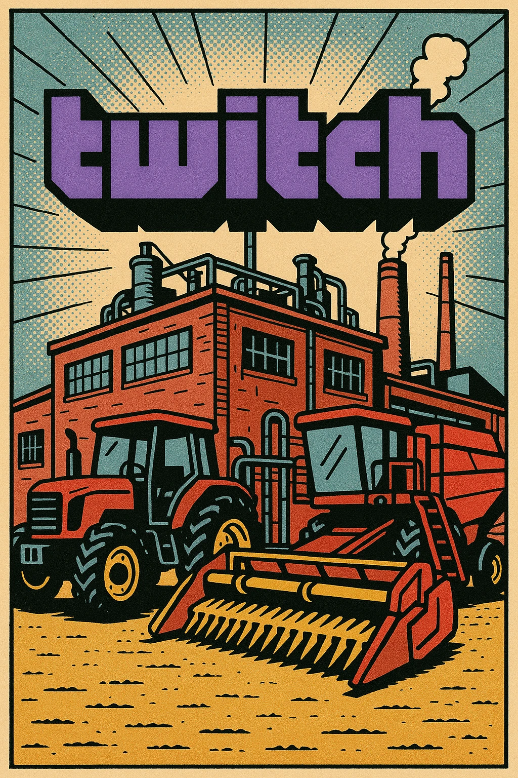 Twitch logo with a factory setting, tractors and combine harvesters prominently displayed, retro comic book style emoji