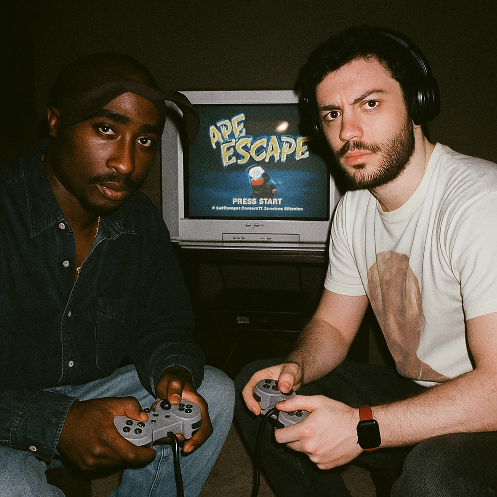 Create a 90s grunge analog photo featuring a famous rapper in Tupac style (not recognizable) and the boy from the reference photo sitting in front of a CRT TV with Ape Escape on Playstation 1. The room is dark, both hold controllers, and they look at the camera with flash on, creating a retro atmosphere. emoji