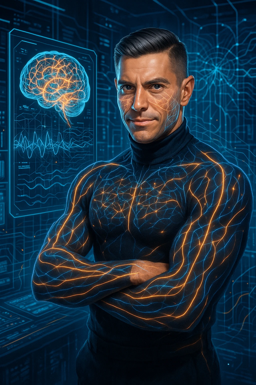 "Neuroscientist using advanced visualization to reprogram muscle development pathways, brain scans showing neural networks firing to stimulate muscle growth, expression of scientific breakthrough, his body responding to optimized mental training protocols, muscle memory being created without physical movement, consciousness hacking biological systems for muscle development" emoji