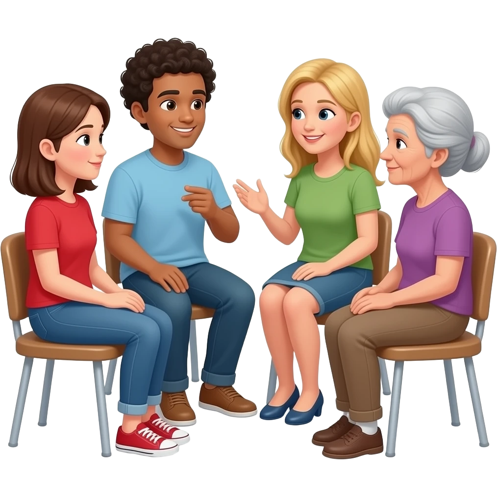 4 personas adultas hablando sentadas en circulo. una mujer joven de pelo castaño con remera roja, un hombre con rulos tes oscura, una mujer de 35 años con pelo rubio tes oscura y otra mujer de 70 años emoji