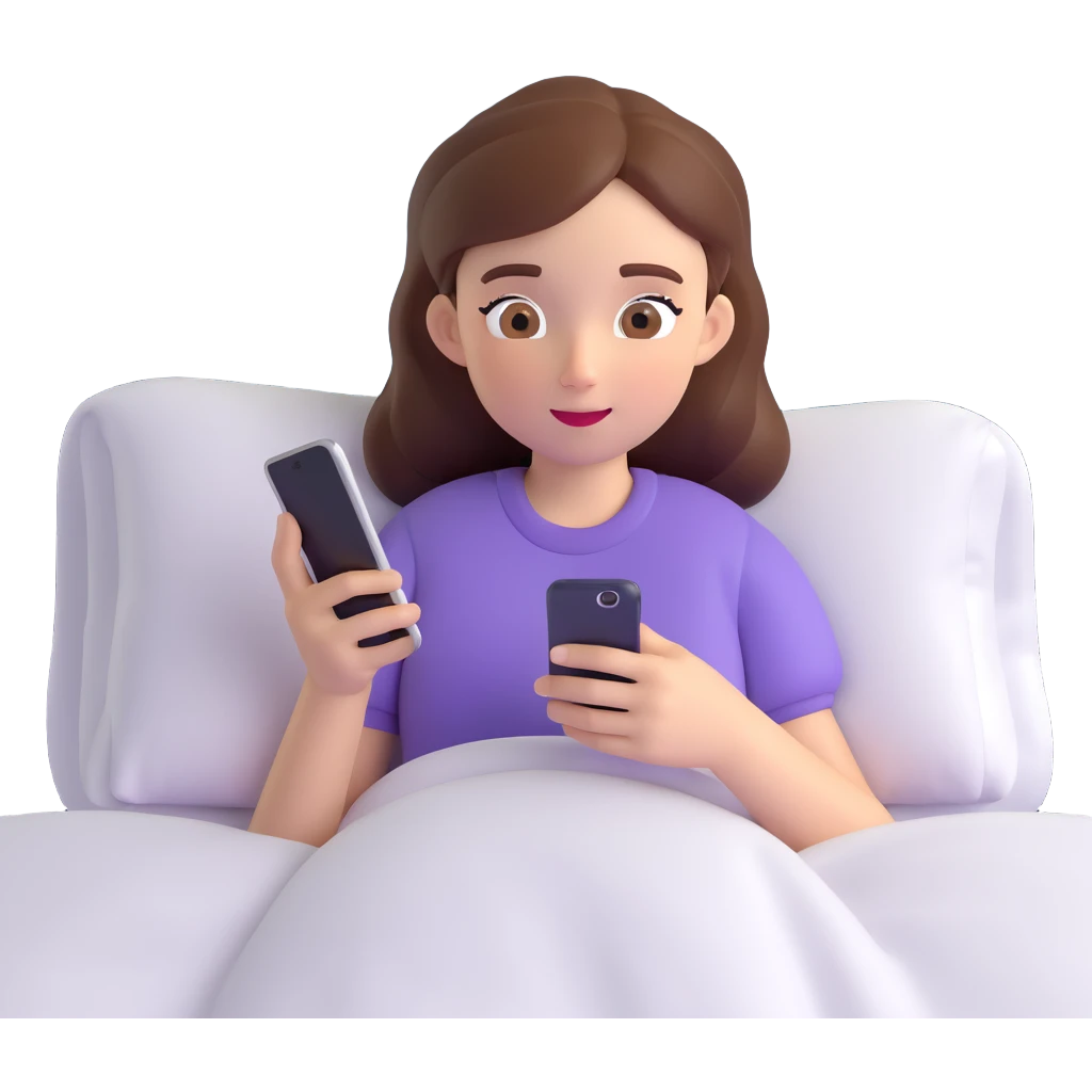 Girl lying in bed, wanting to sleep but not wanting to, staying up late playing with her phone emoji