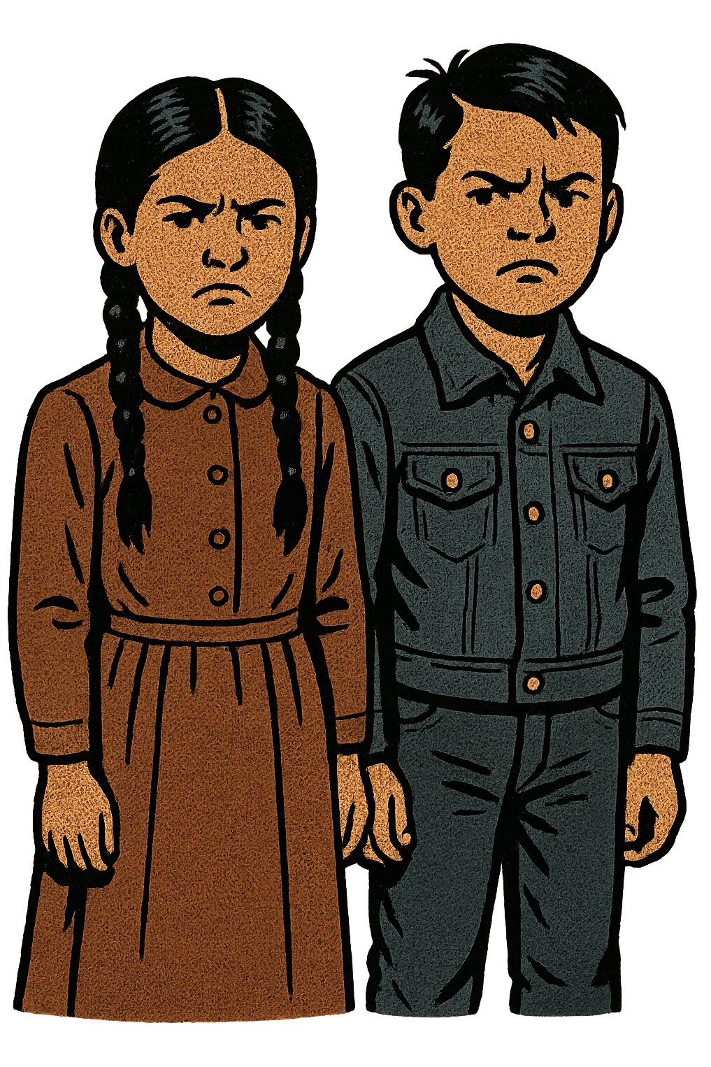 A native american boy and girl standing next to each other dressed in American style clothing from the 1880s in the Carlisle Indian School looking unhappy.  emoji