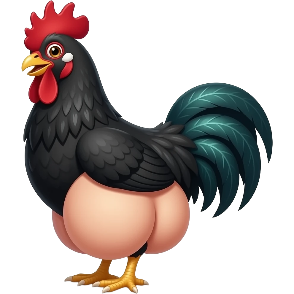 Black chicken smiling with Brow lifted showing off human butt cheeks emoji