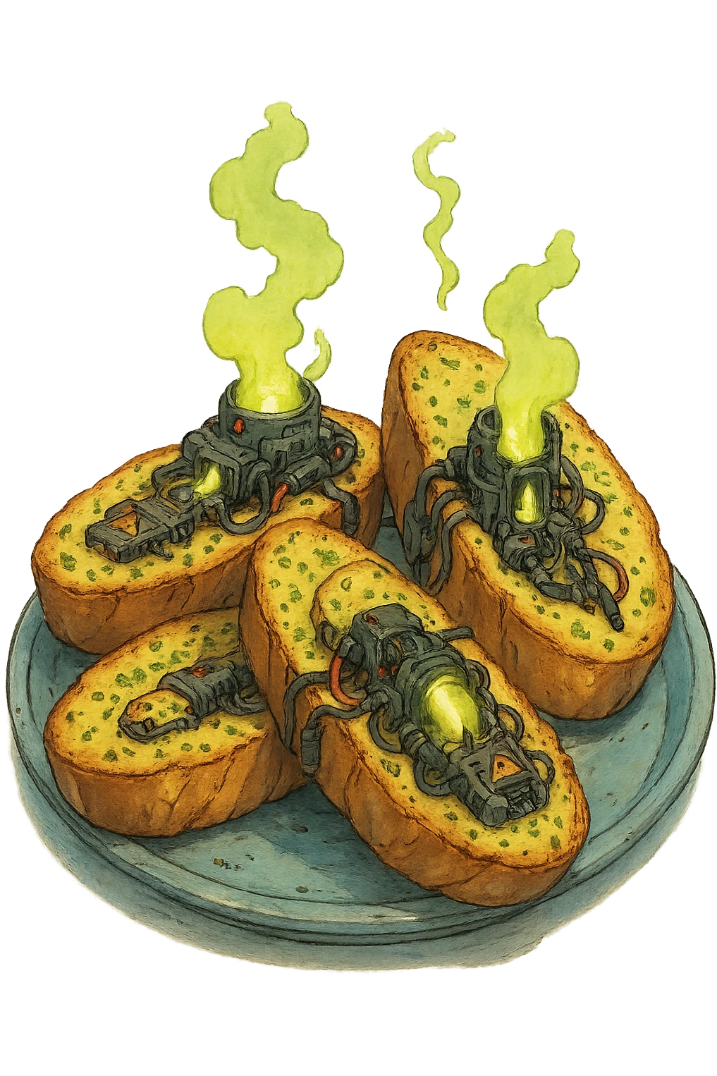 a plate of thermonuclear futuristic cyberpunk garlic bread, flawless, perfect, masterwork. highly dangerous emoji