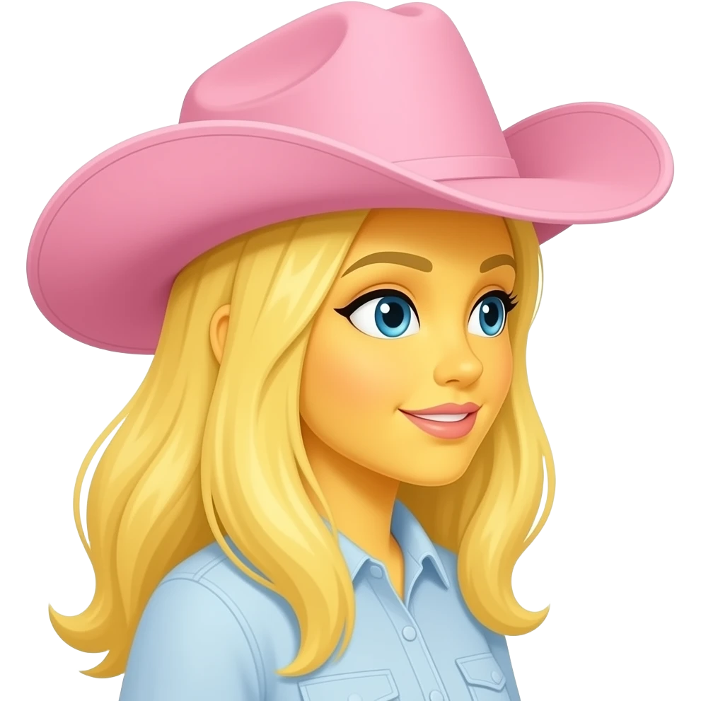 Girl with yellow skin facing right with a pastel pink cowboy hat and long yellow hair in the apple emoji style emoji