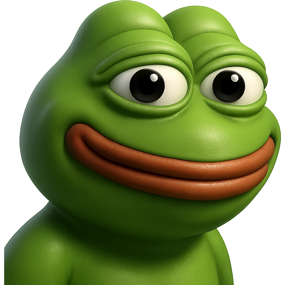 pepe in
- 3d style
- bright green
- smiling
- looking straight at the camera
- good highlights and shadows
- 30deg angled towards the left emoji