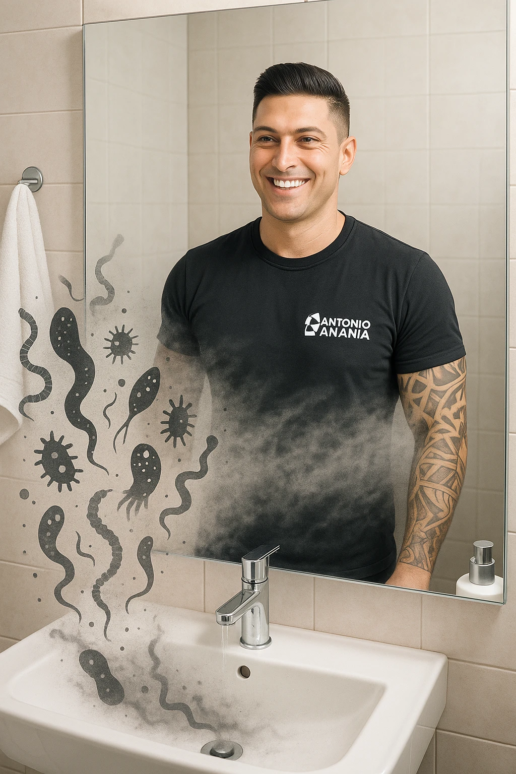 a man stands in a brightly lit bathroom, looking relieved and revitalized as he examines his reflection in the mirror. In the foreground, stylized, shadowy images of parasites (such as worms or protozoa) are shown leaving his body, dissolving into mist or fading away. His posture is upright and his expression is one of newfound energy and health. emoji
