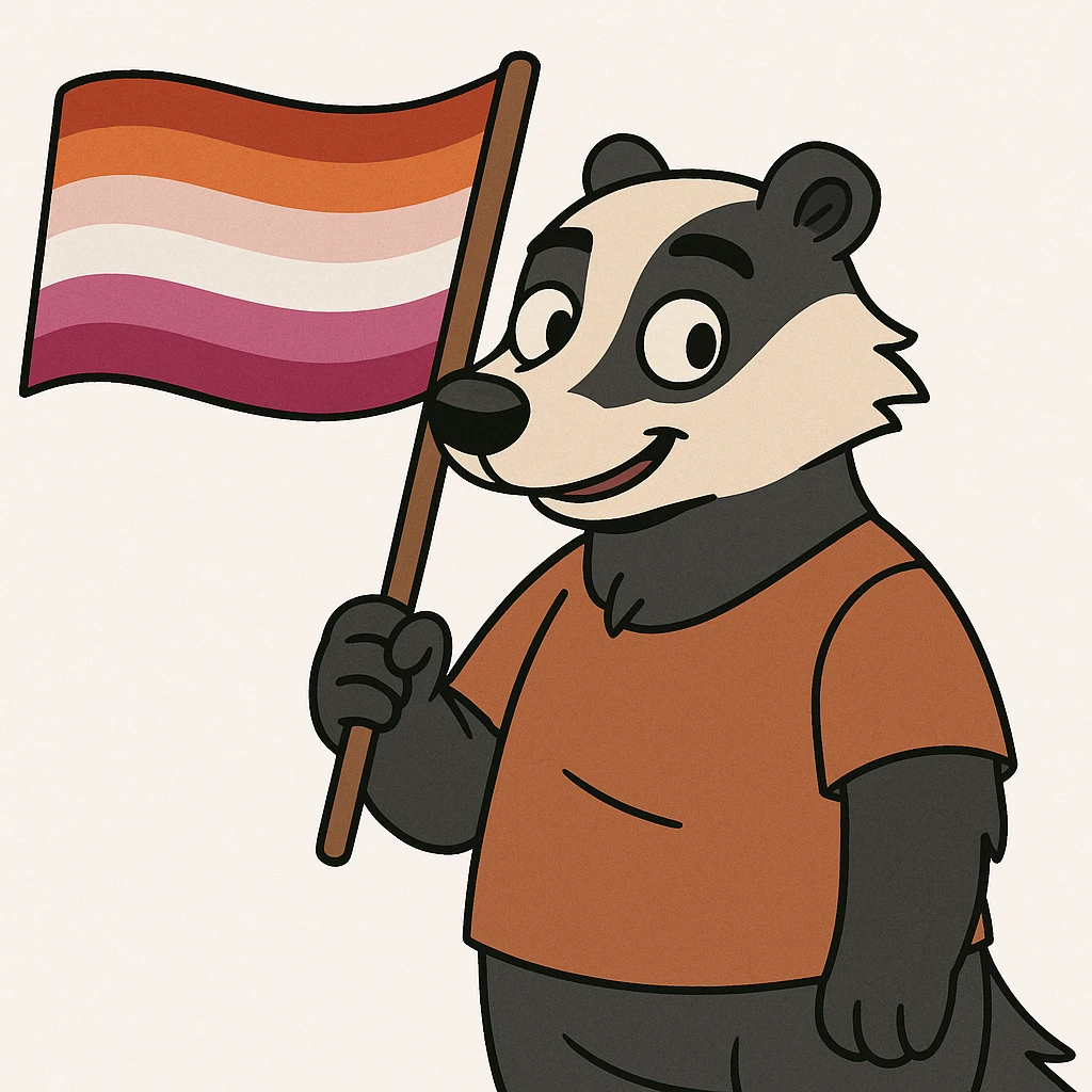 a cartoon badger holding a lesbian pride flag, vibrant colors, white background emoji