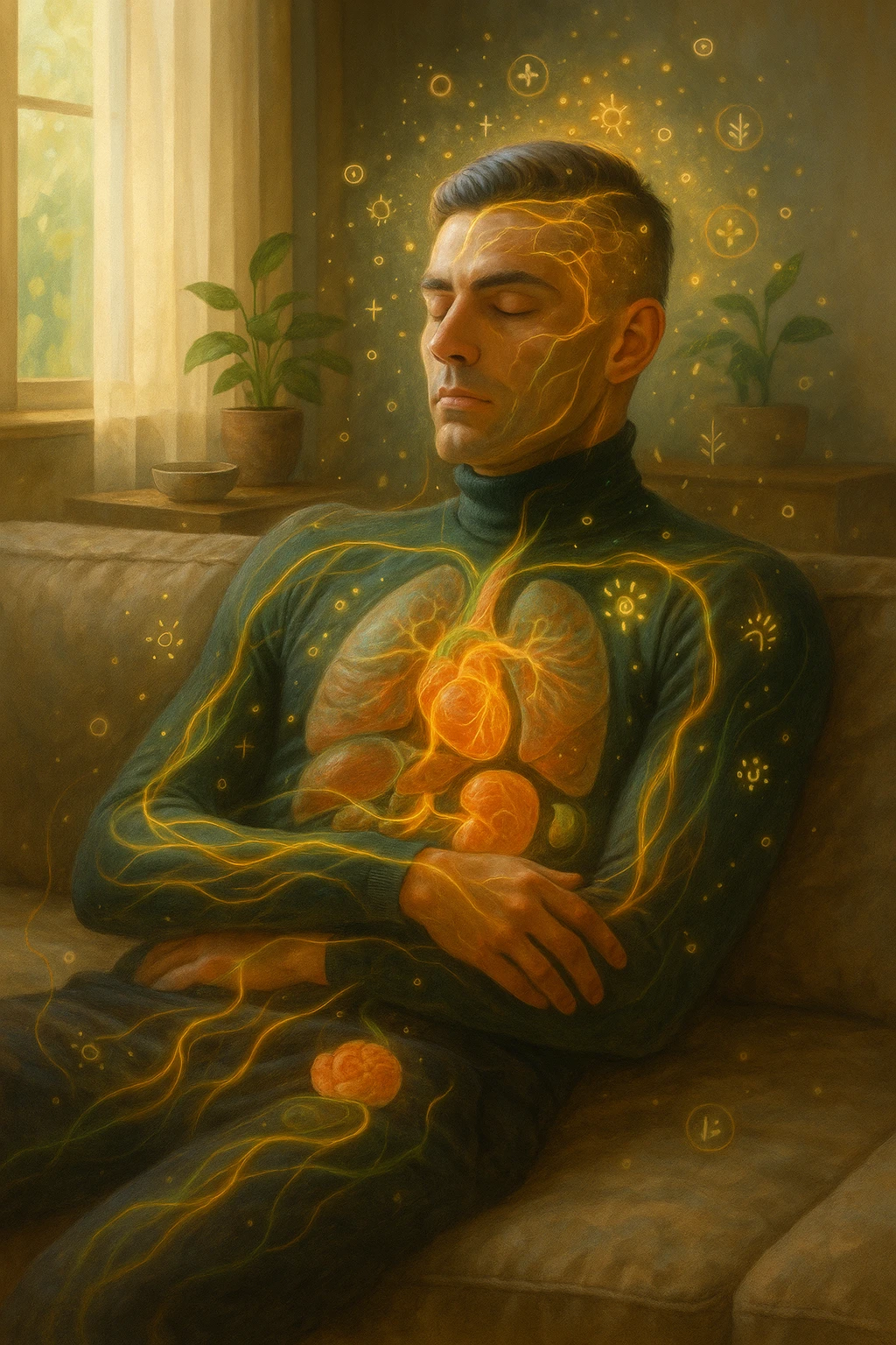 Uomo sdraiato su un divano nel primo pomeriggio, mentre fa un breve riposino. Il suo corpo appare parzialmente trasparente o stilizzato, con luce calda e flussi energetici dorati e verdi che scorrono attraverso muscoli, cervello, e organi. Intorno a lui si vedono piccoli simboli di rigenerazione: cellule che si rinnovano, tessuti che si illuminano, aura rilassata. L'ambiente è calmo e ordinato, luce naturale che entra da una finestra, atmosfera rigenerante, stile iperrealistico con accenti metaforici. emoji