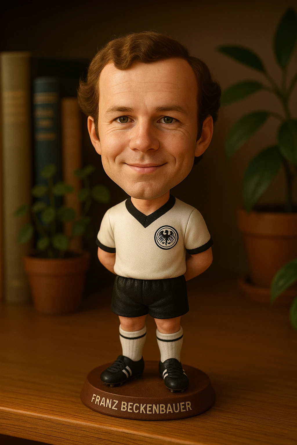 Молодой Франц Беккенбауэр в форме сборной Германии 1972 смотрит на прямо на зрителя и слегка улыбается, освещение с левой верхней стороны кадра emoji