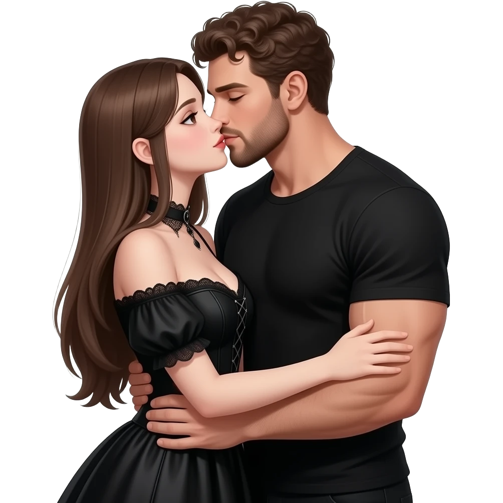 realistic sexy pale skin long straight brown hair girl brown eyes long face wearing gothic dress HD and her muscular man wearing black clothes short brown curly hair and beard hugging and kissing emoji