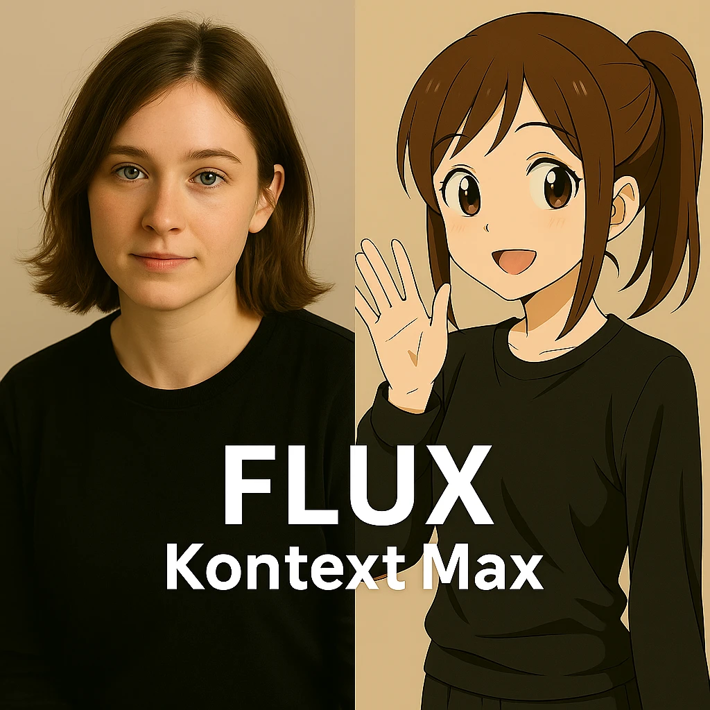 same similar image but chnage the text to "Flux Kontext Max", change people and pose too emoji