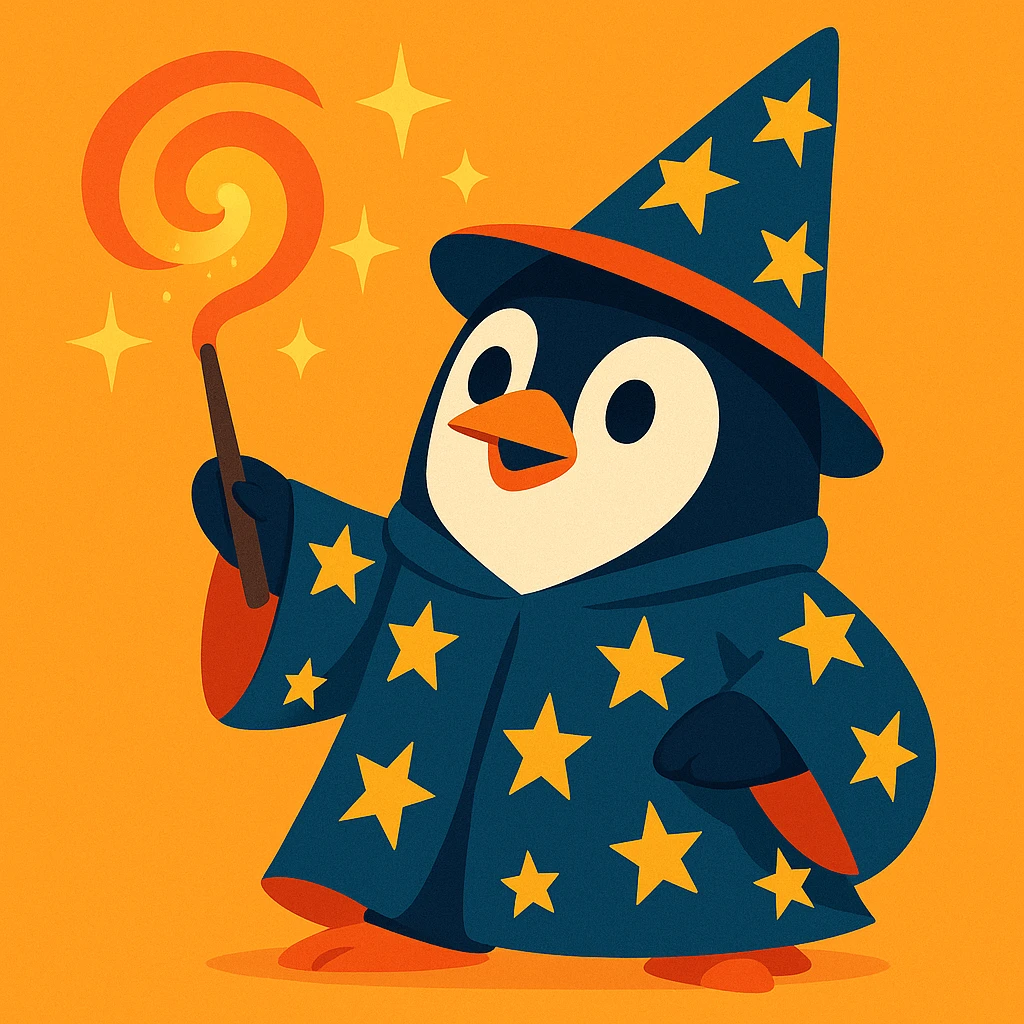 vibrant style penguin wizard casting a spell, with sparkles and a starry robe emoji