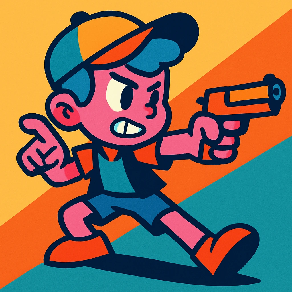 stylized boy with pink skin, blue hair, and a hat, holding and pointing a gun, dynamic pose, vibrant colors emoji