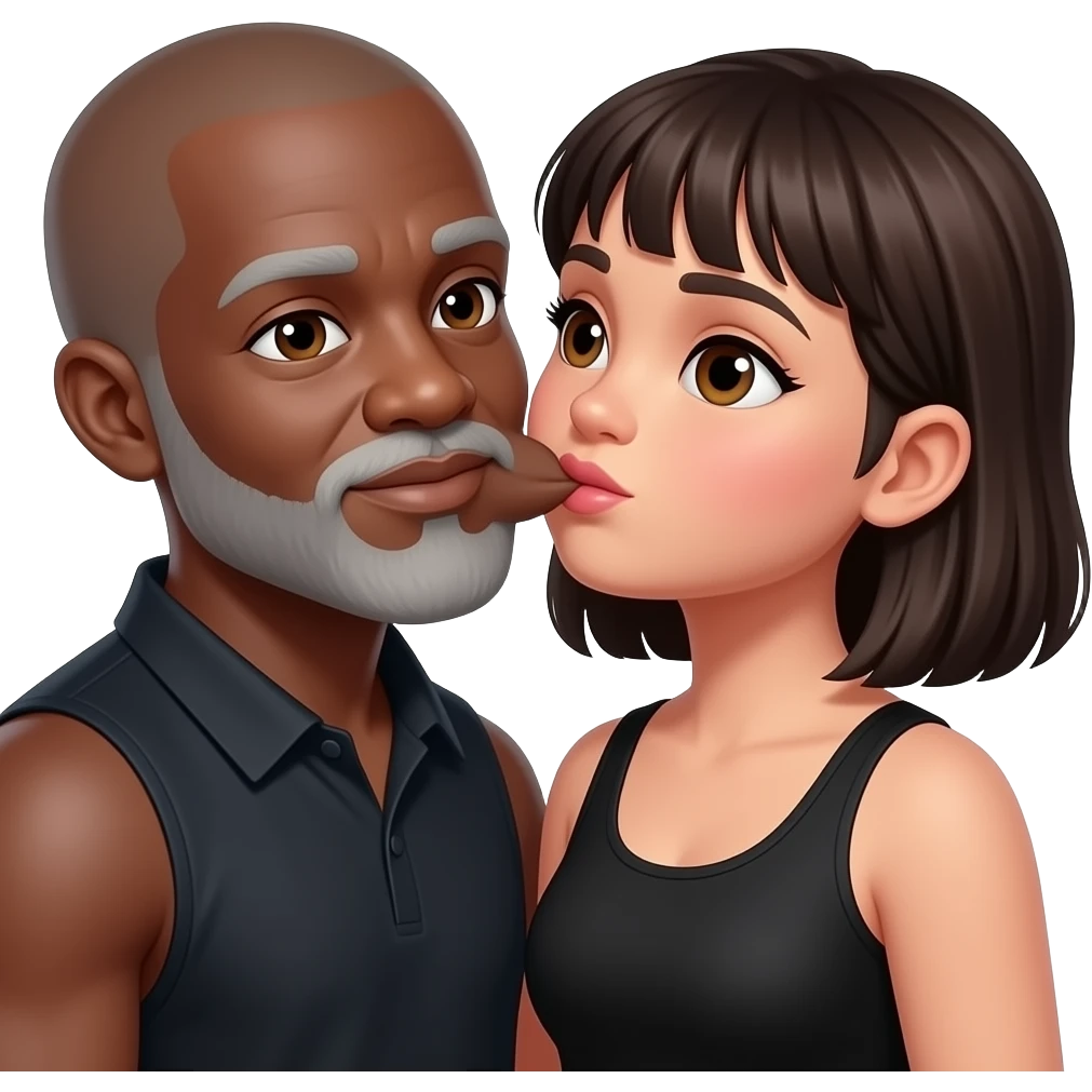 Mexican girl with bangs and a little chubby, kissing black man with grey beard td bald.  No head band and wearing a black tank top. emoji
