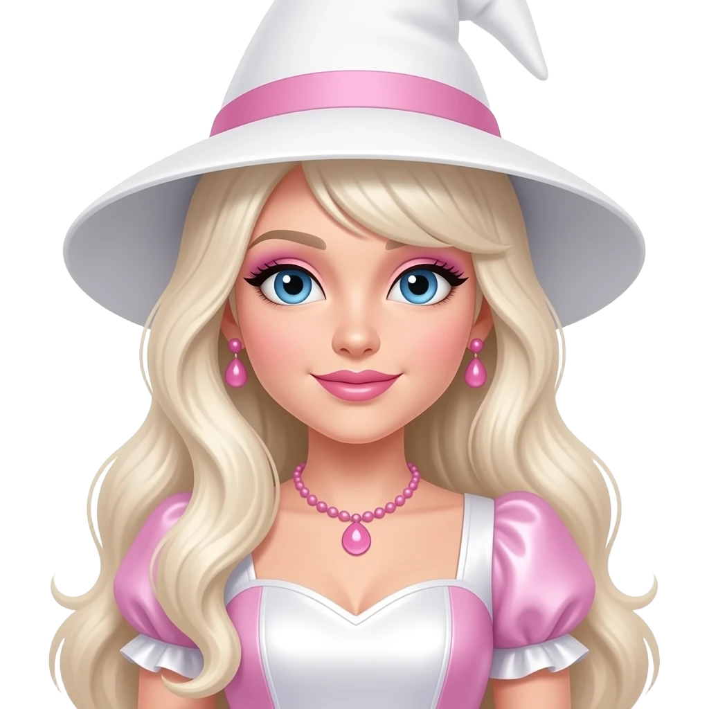 The Good Witch from The Wonderful Wizard of Oz with blue eyes, long platinum blonde hair, pink eyeshadow, pink lipstick, white and pink metallic sweetheart sleeve dress, white hat, pink necklace and earrings emoji