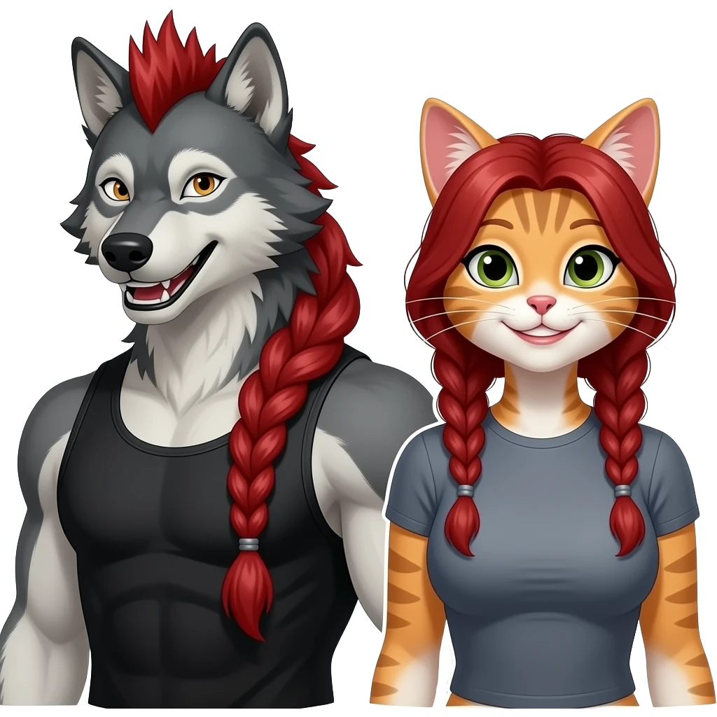 Human like Wolf and Cat grining slyly. Wolf wears a black tank-top and the female wears a tight t shirt that acentuates her voluptous figure. Wolf is an athletic male, cat is a voluptuous female. Wolf has a long red braid and a mohawk, while the female cat has red hair braided in two. emoji