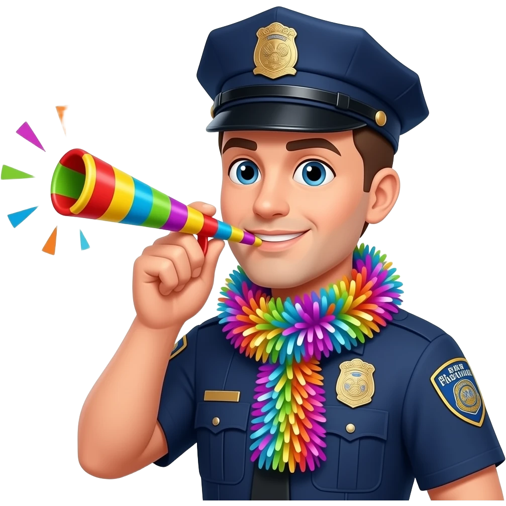 police with Party tinsel scarf on his neck and a party blower emoji